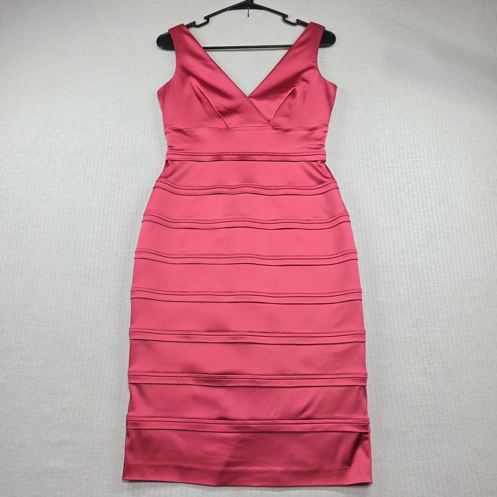 Calvin Klein Pink Tiered Satin V-Neck Bodycon Sheath Dress Size 2 Cocktail Glam